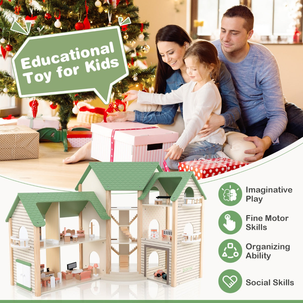 Three-story dollhouse includes living room, bedroom, recreation room, bathroom, kitchen, and nursery