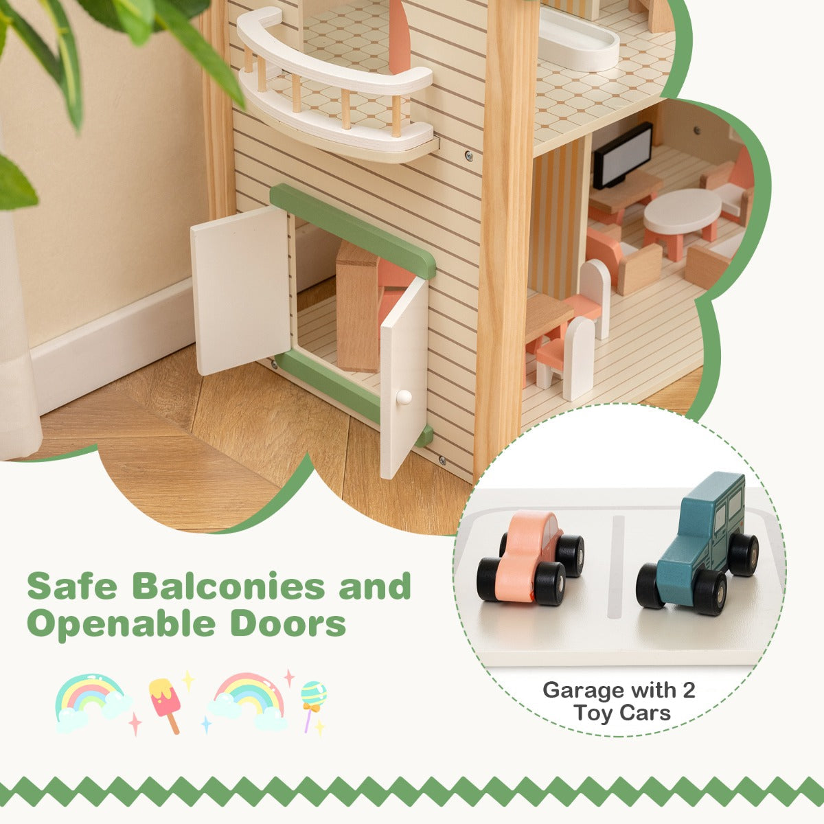 Sturdy pine wood pillars and stairs provide dependable support during imaginative play