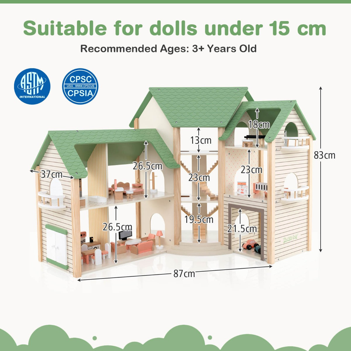 Wooden corner dollhouse playset with three levels, six rooms, balconies, garage, and furniture