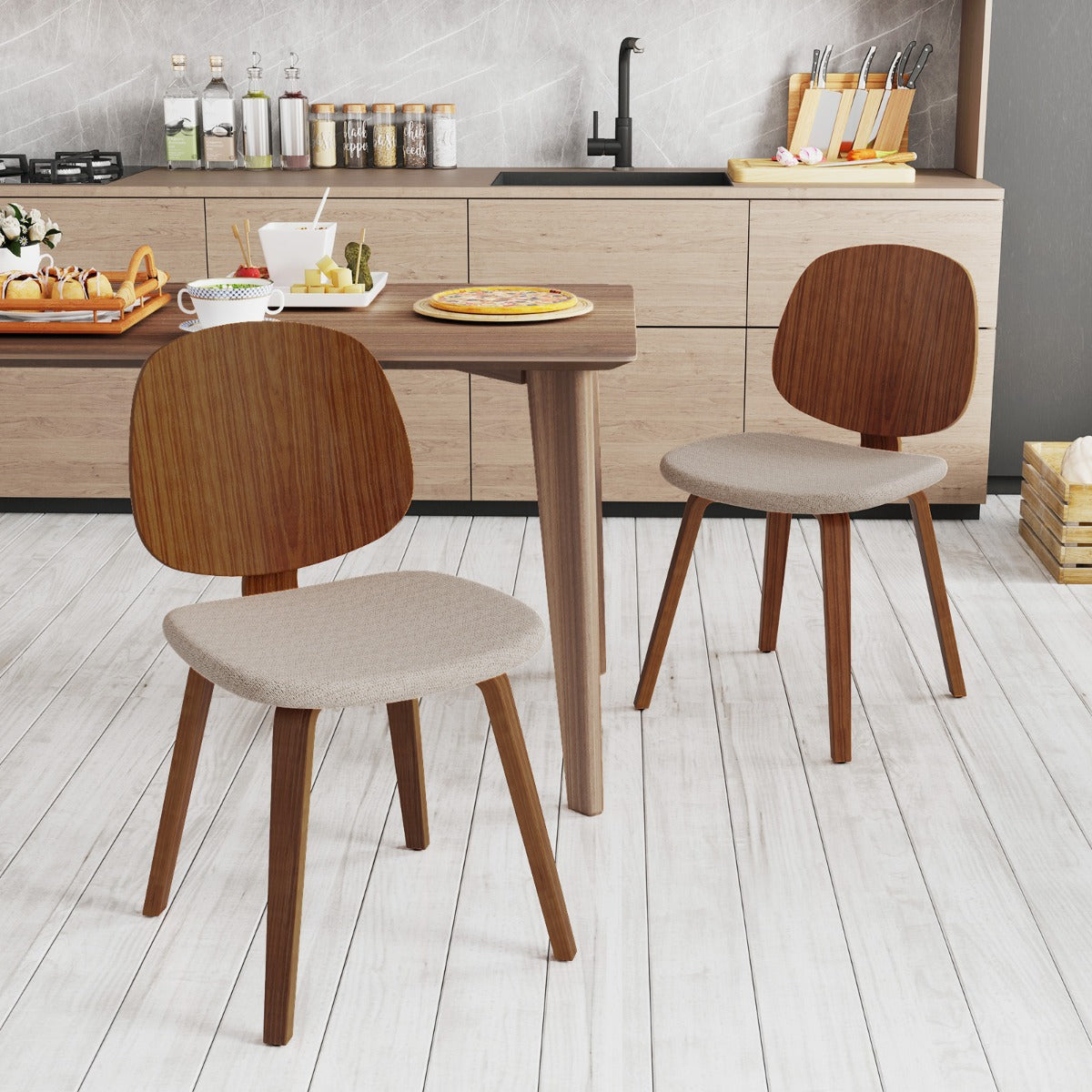 Wooden Dining Chair Set of 2 with Bentwood Frame and Padded Seat-Walnut