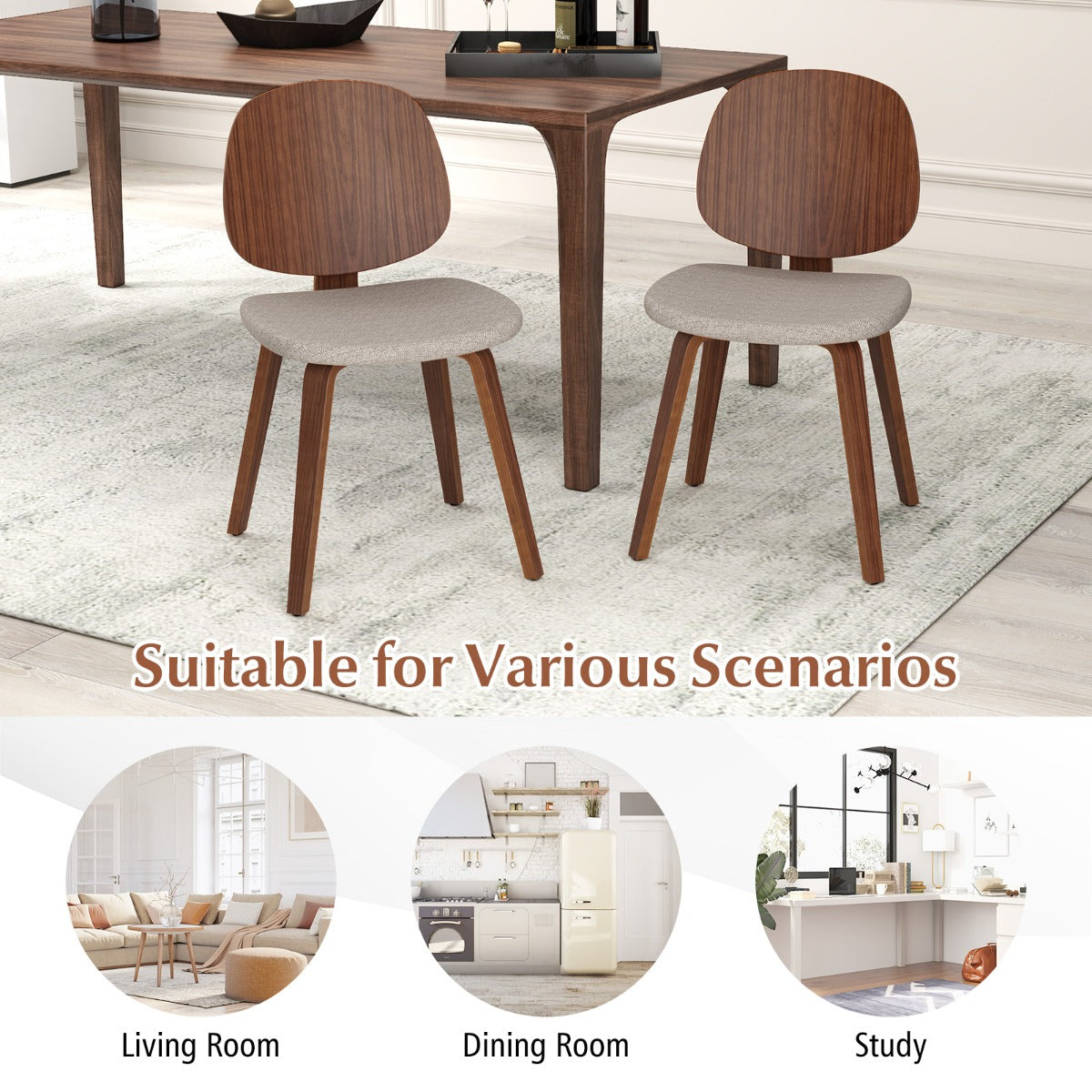 Wooden Dining Chair Set of 2 with Bentwood Frame and Padded Seat-Walnut