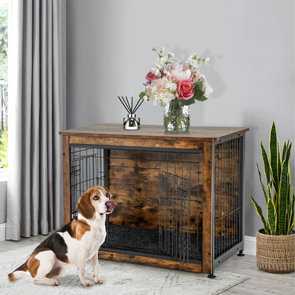 Wooden Dog Cage Furniture with Double Doors and Cushion