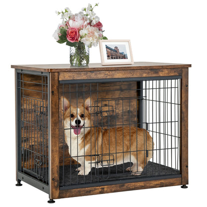 Wooden Dog Cage Furniture with Double Doors and Cushion