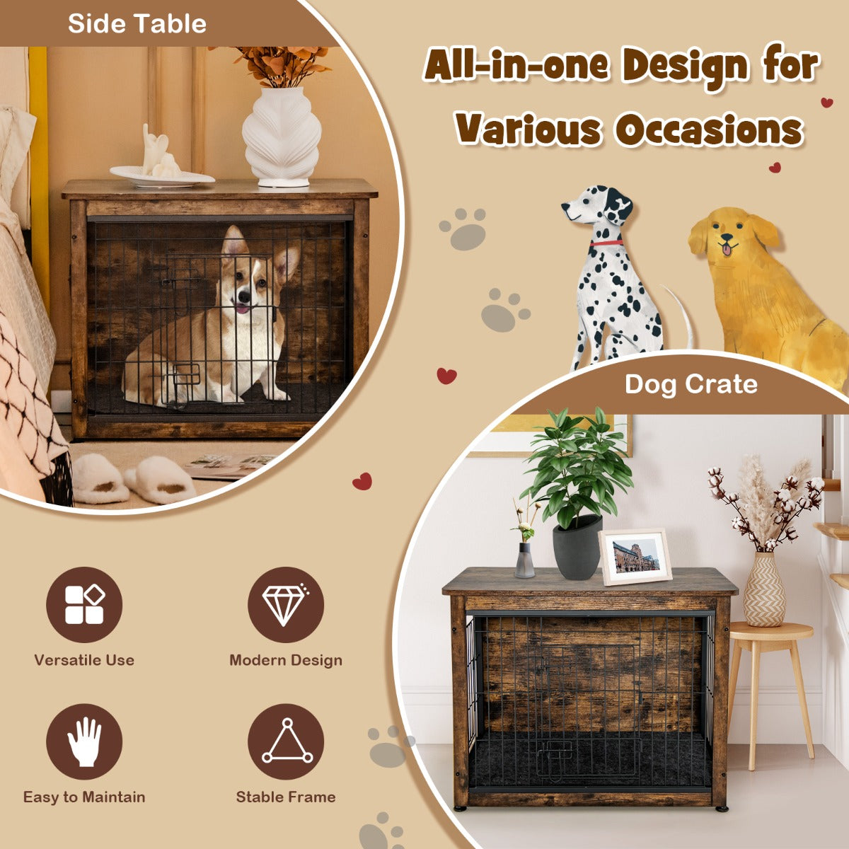 Wooden Dog Cage Furniture with Double Doors and Cushion