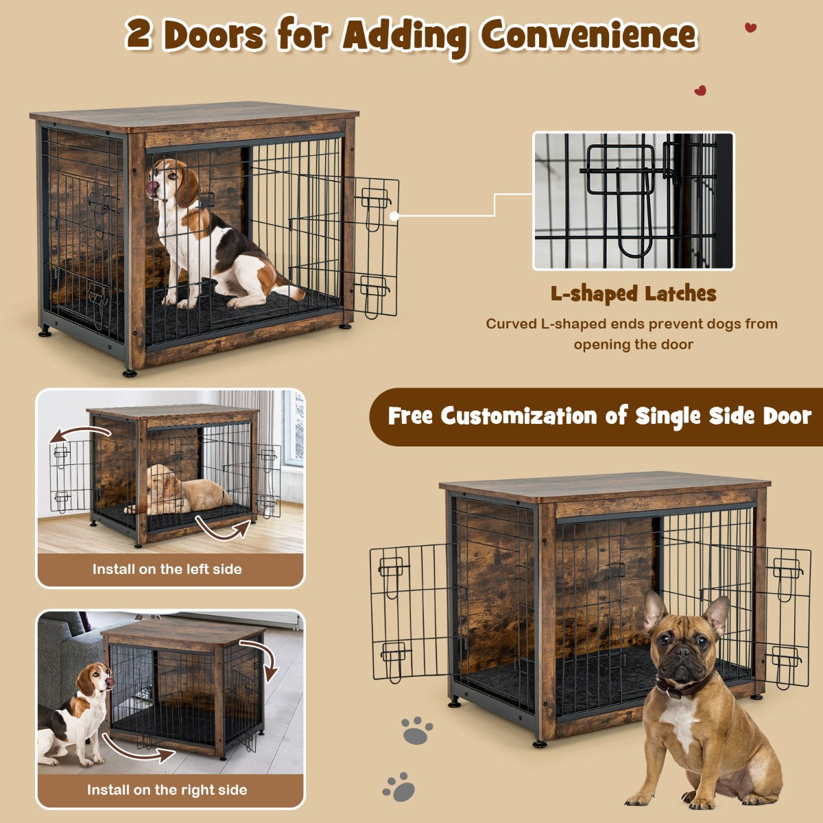 Wooden Dog Cage Furniture with Double Doors and Cushion