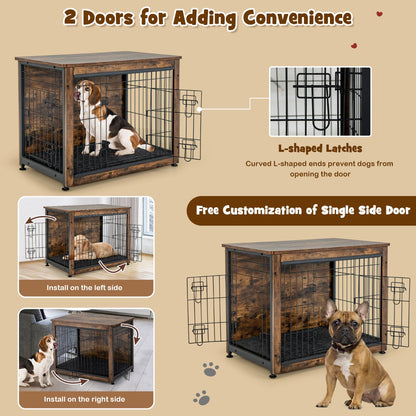 Wooden Dog Cage Furniture with Double Doors and Cushion