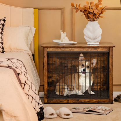 Wooden Dog Cage Furniture with Double Doors and Cushion