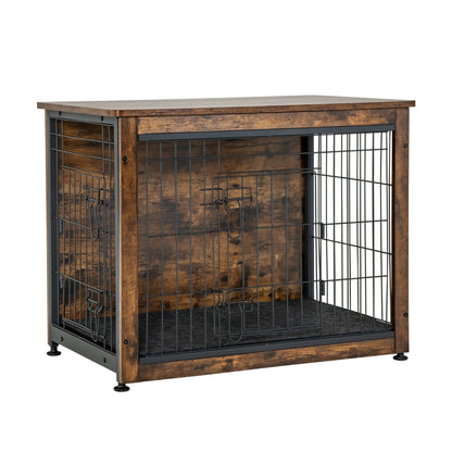 Wooden Dog Cage Furniture with Double Doors and Cushion