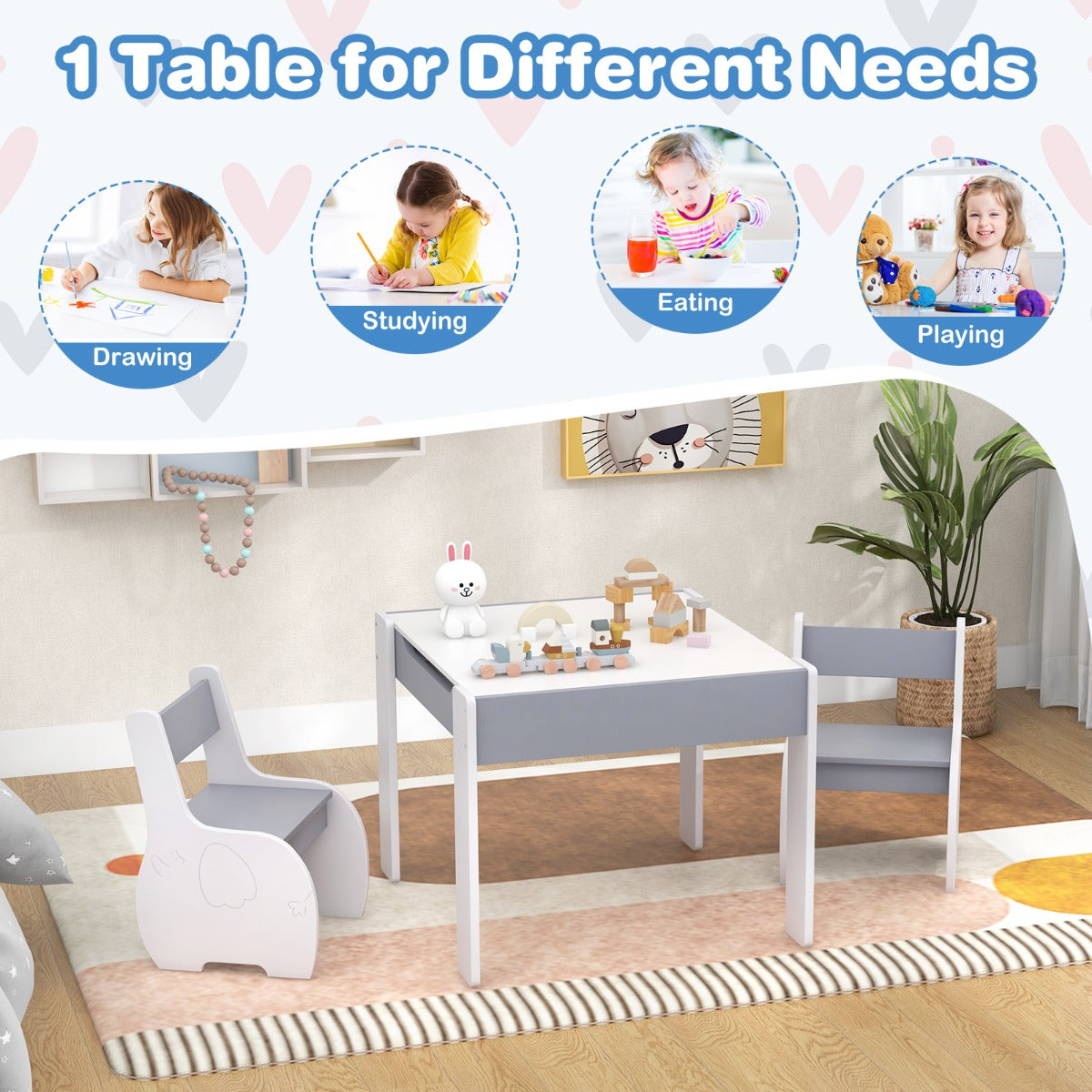 Costway 4-in-1 Wooden Kids Activity Table and Chair Set for Drawing and Studying-Dark Grey