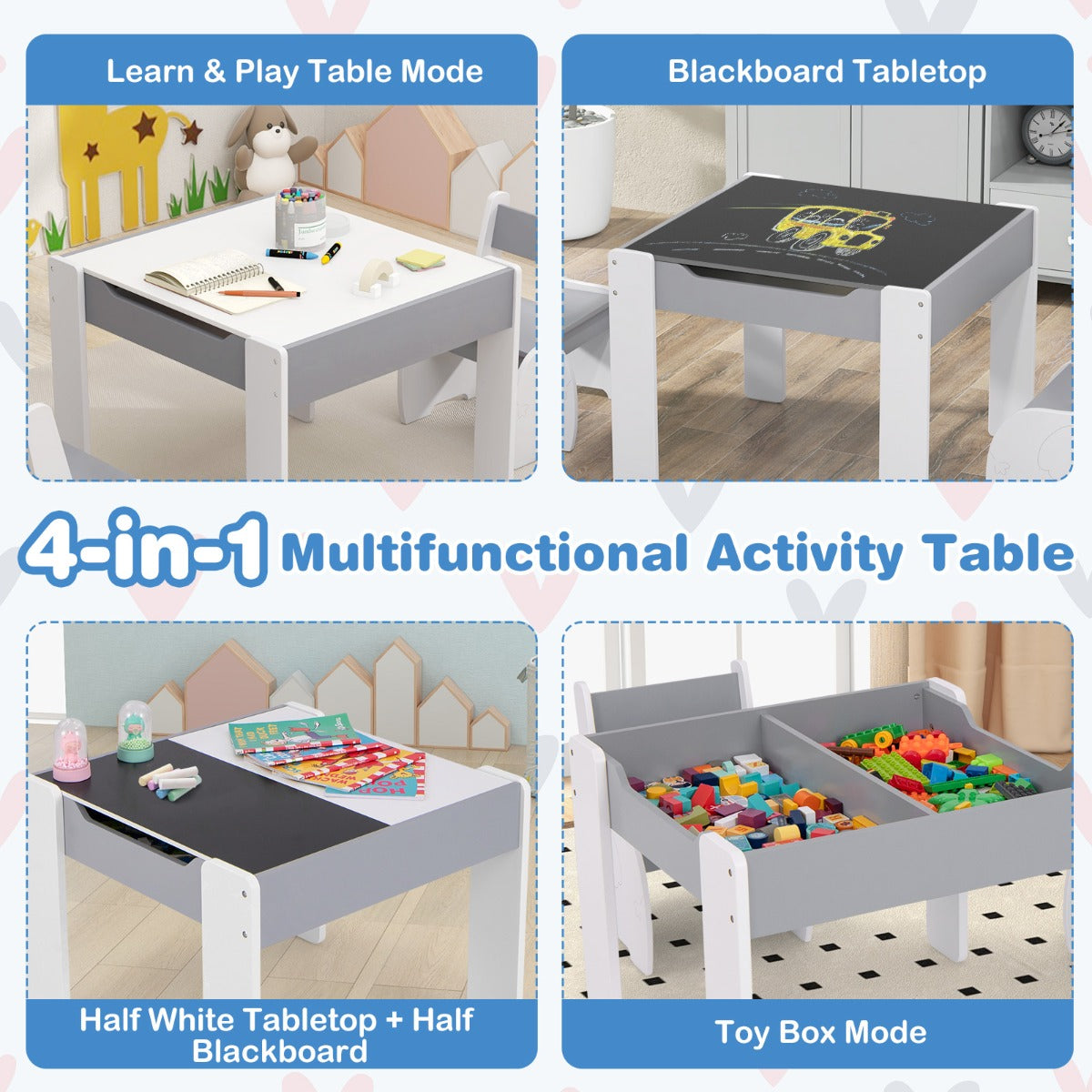 Costway 4-in-1 Wooden Kids Activity Table and Chair Set for Drawing and Studying-Dark Grey