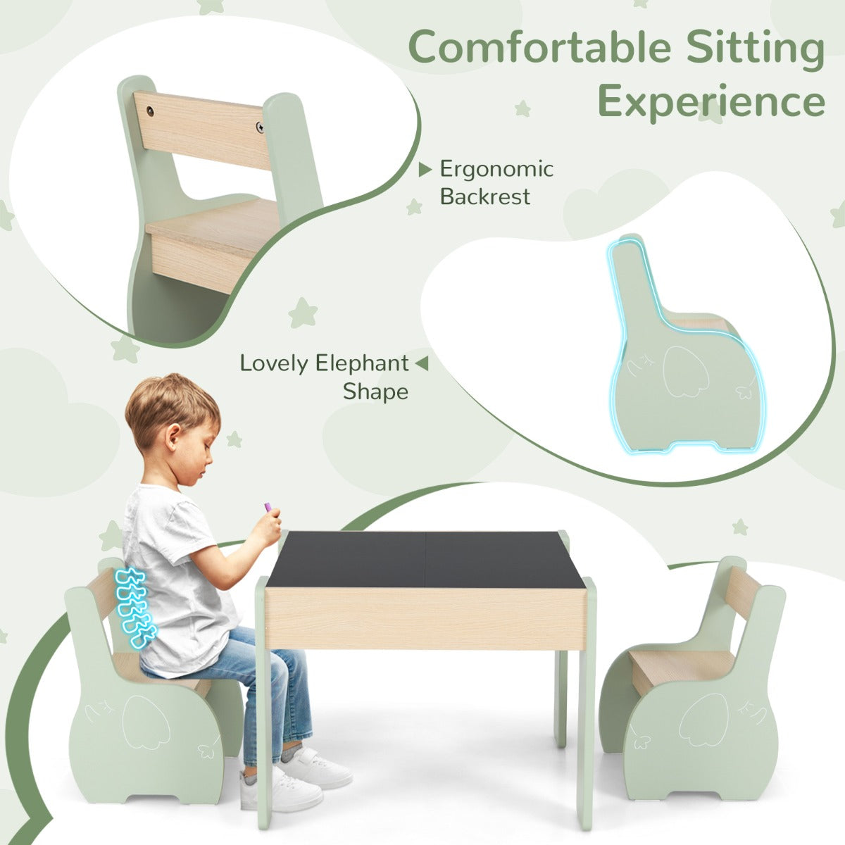 4-in-1 Wooden Kids Activity Table and Chair Set for Drawing and Studying-Green