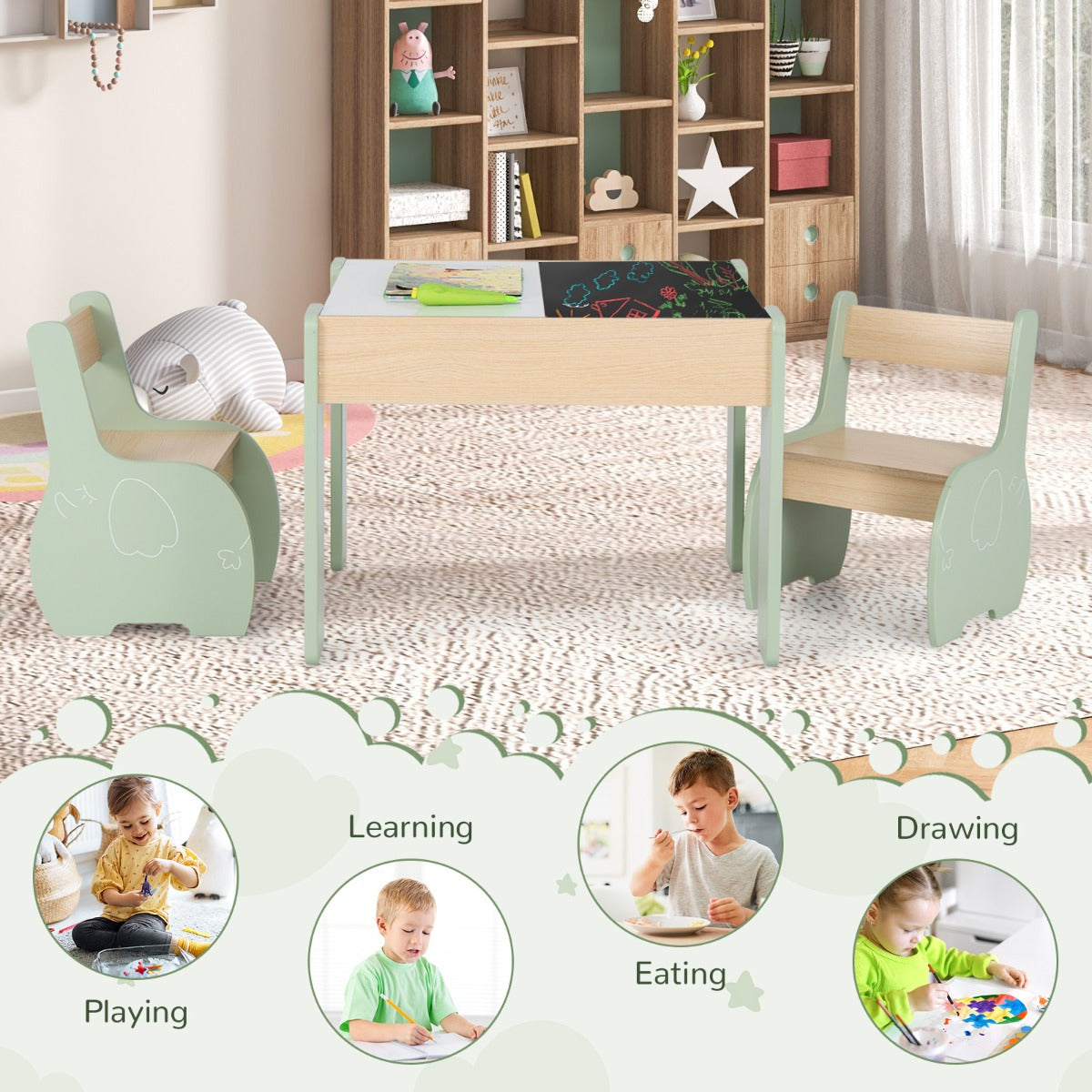 4-in-1 Wooden Kids Activity Table and Chair Set for Drawing and Studying-Green