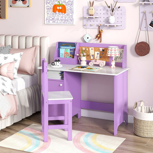 Costway Wooden Kids Study Table and Chair Set with Hutch Bookshelf and Cabinet-Purple