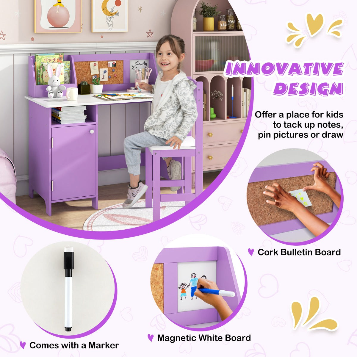 61 cm tabletop height and 40 cm seat height provide a comfortable, child-friendly study arrangement.