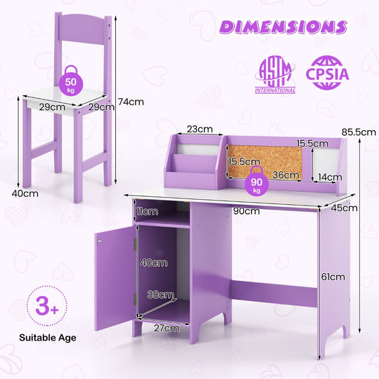 White and purple kids study desk set includes an ergonomic chair for comfortable homework, drawing, crafts, and play.
