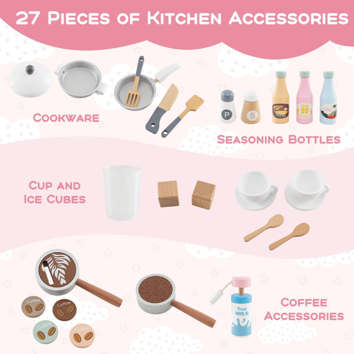 Wooden Kitchen Playset with Clock and Microwave-Coffee
