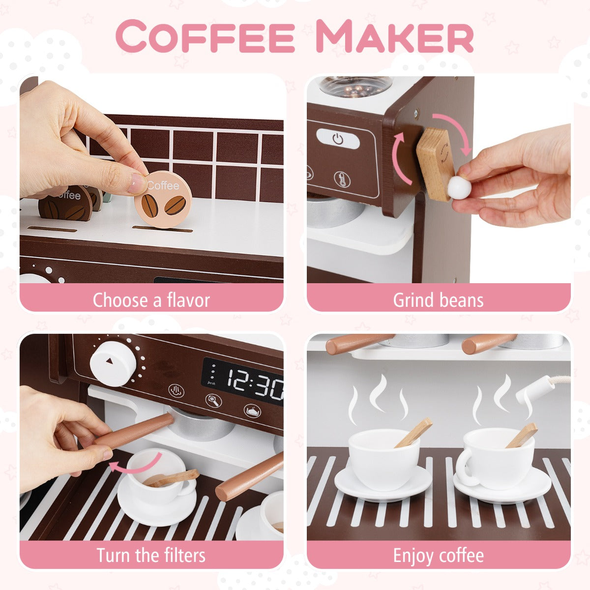Wooden Kitchen Playset with Clock and Microwave-Coffee