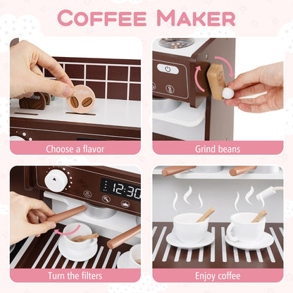 Wooden Kitchen Playset with Clock and Microwave-Coffee