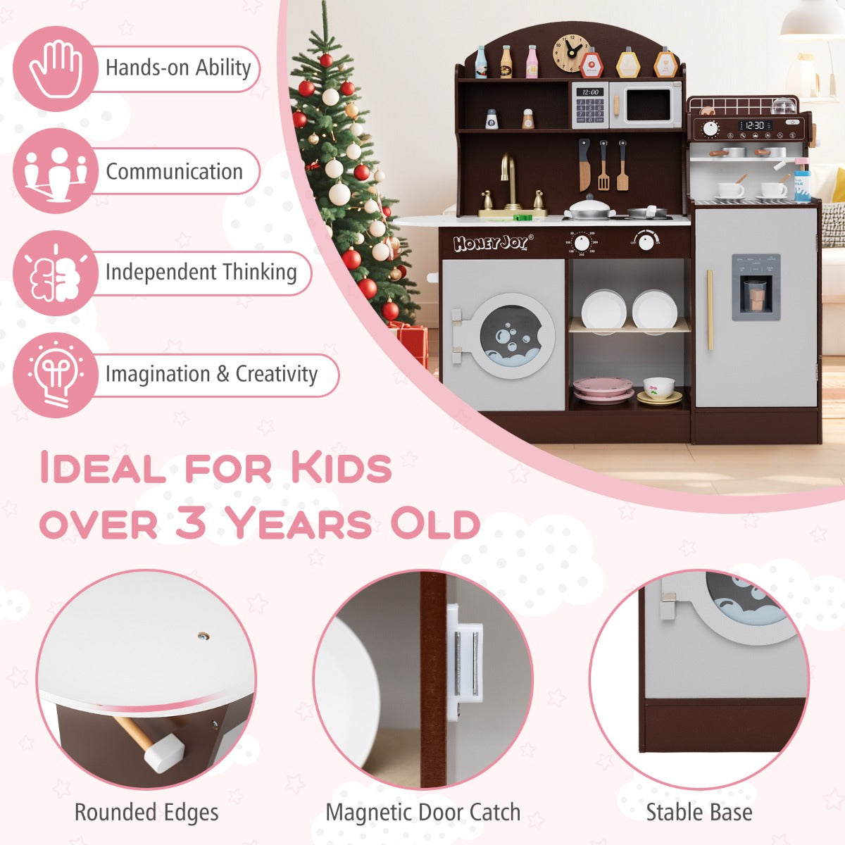 Wooden Kitchen Playset with Clock and Microwave-Coffee