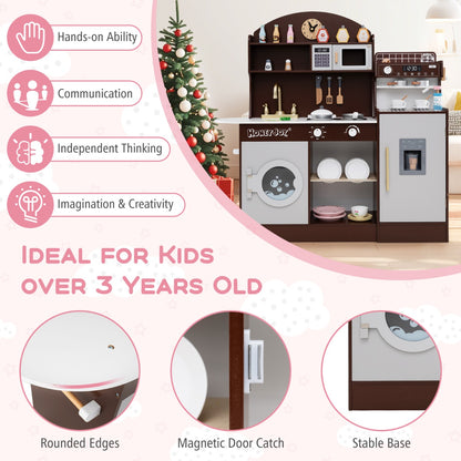 Wooden Kitchen Playset with Clock and Microwave-Coffee
