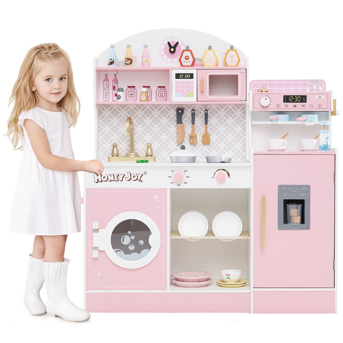 Wooden Kitchen Playset with Clock and Microwave-Pink