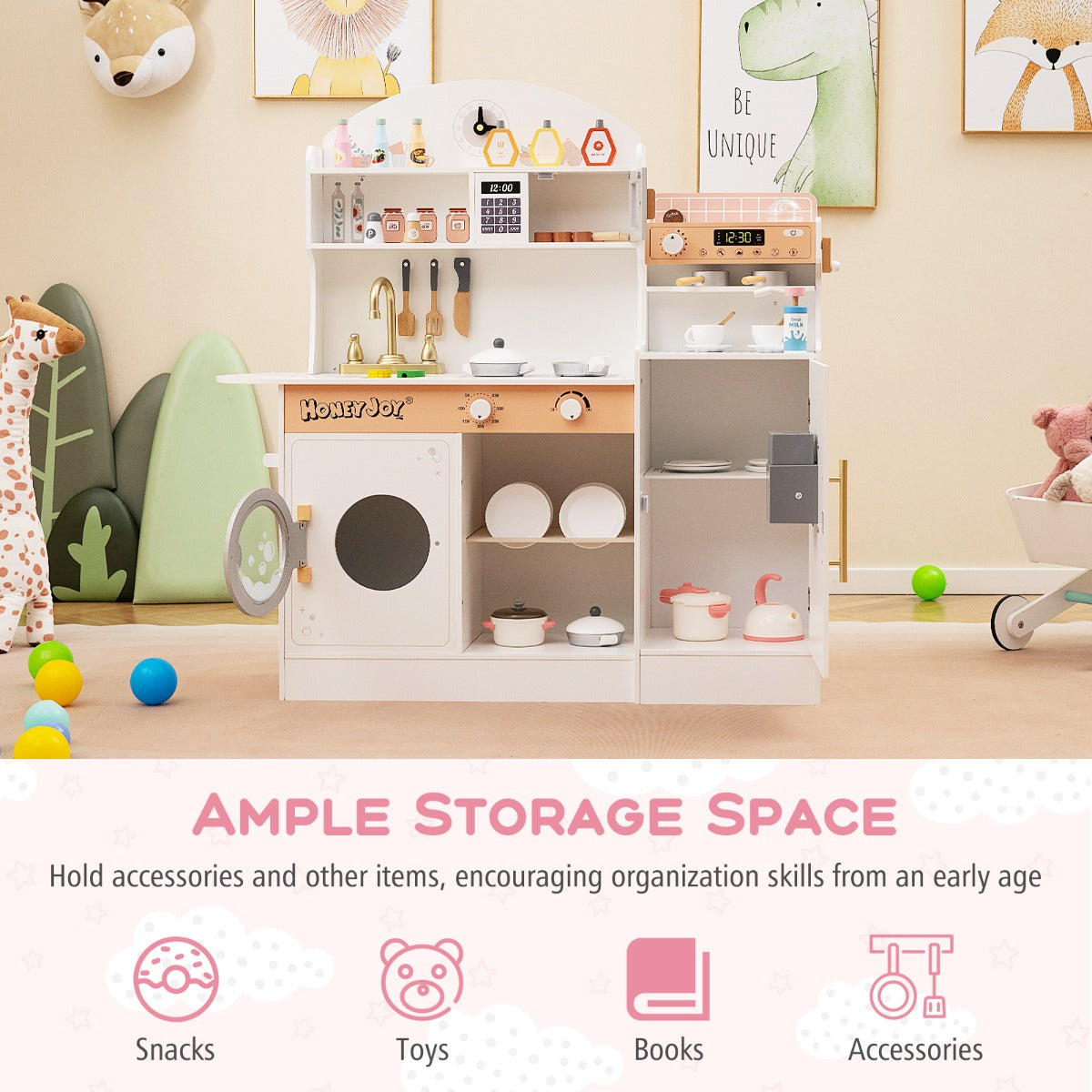Wooden Kitchen Playset with Clock and Microwave-White