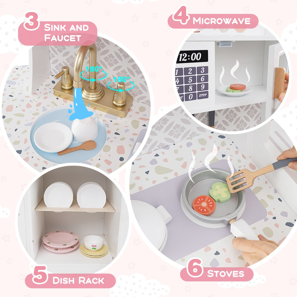 Wooden Kitchen Playset with Clock and Microwave-White
