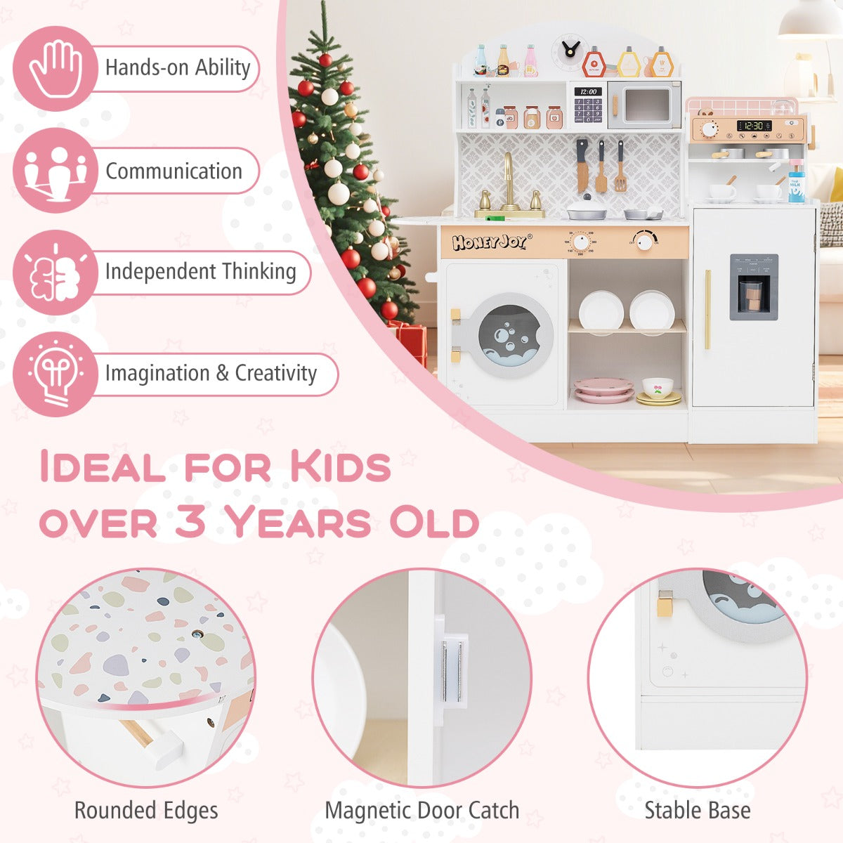 Wooden Kitchen Playset with Clock and Microwave-White