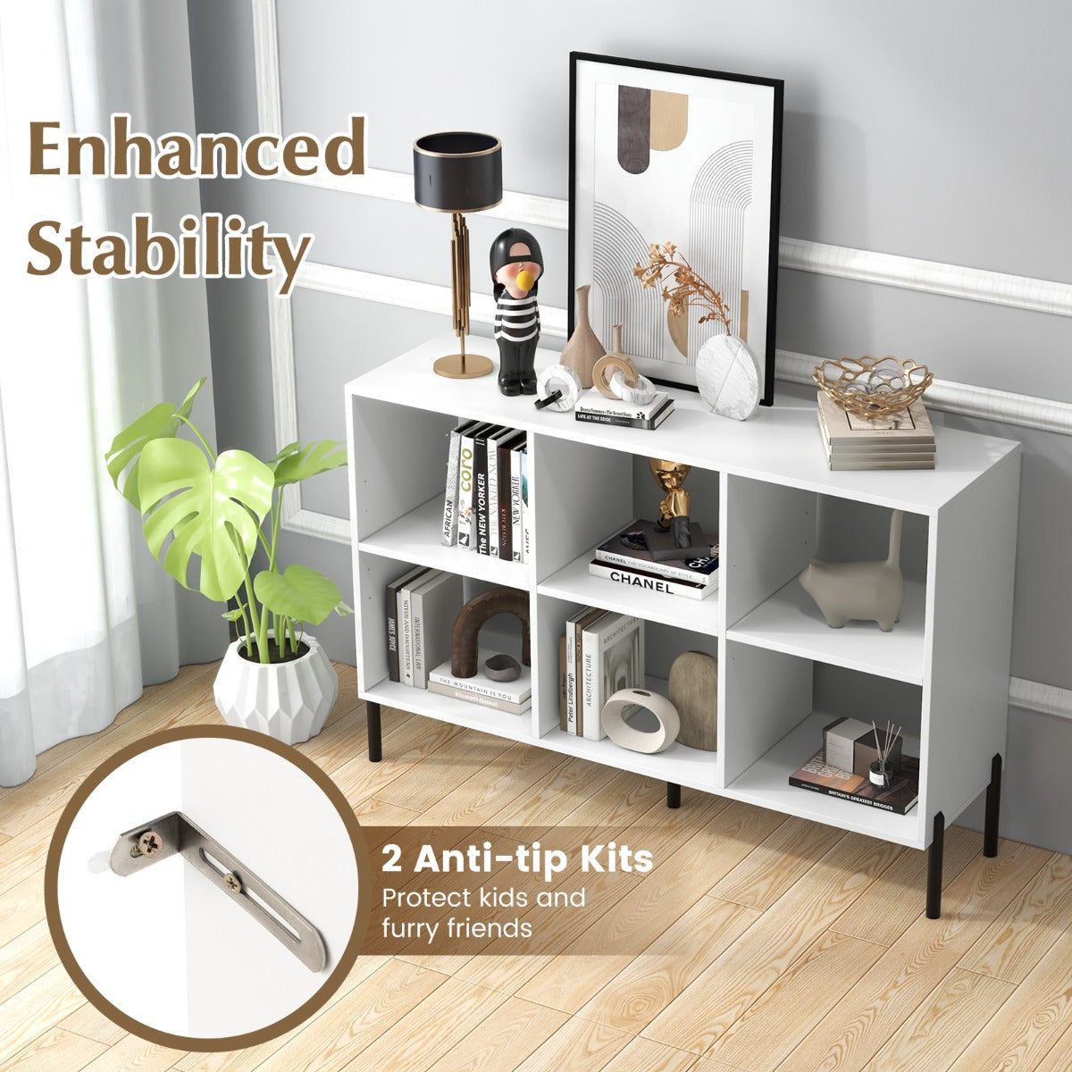 6-Cube Wooden Open Bookshelf with 5 Metal Legs-White