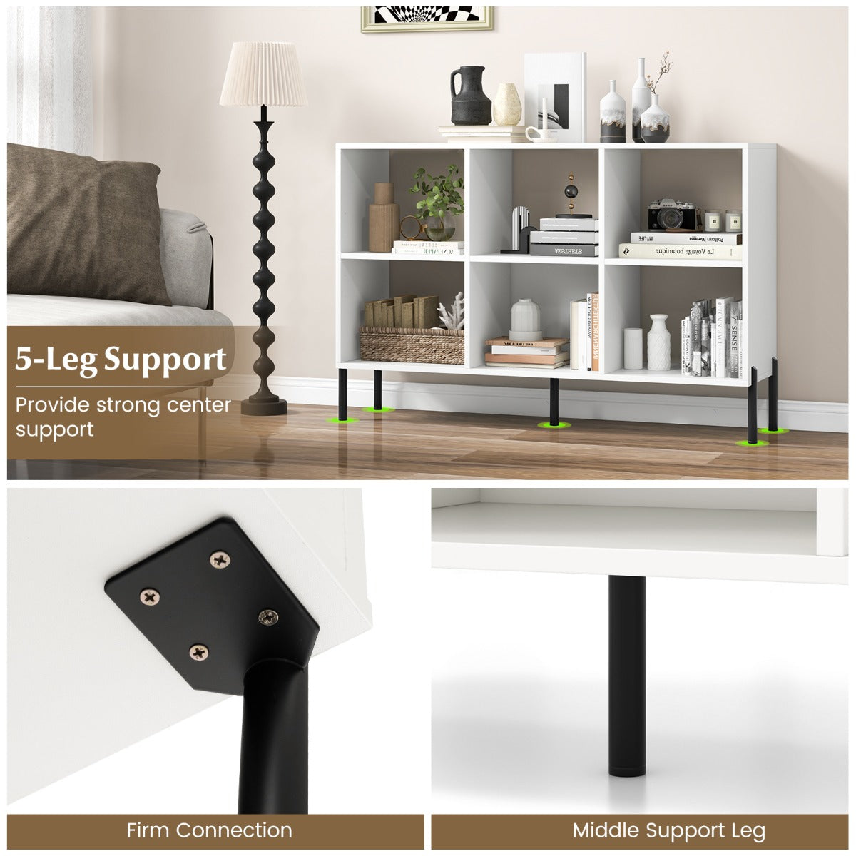 6-Cube Wooden Open Bookshelf with 5 Metal Legs-White