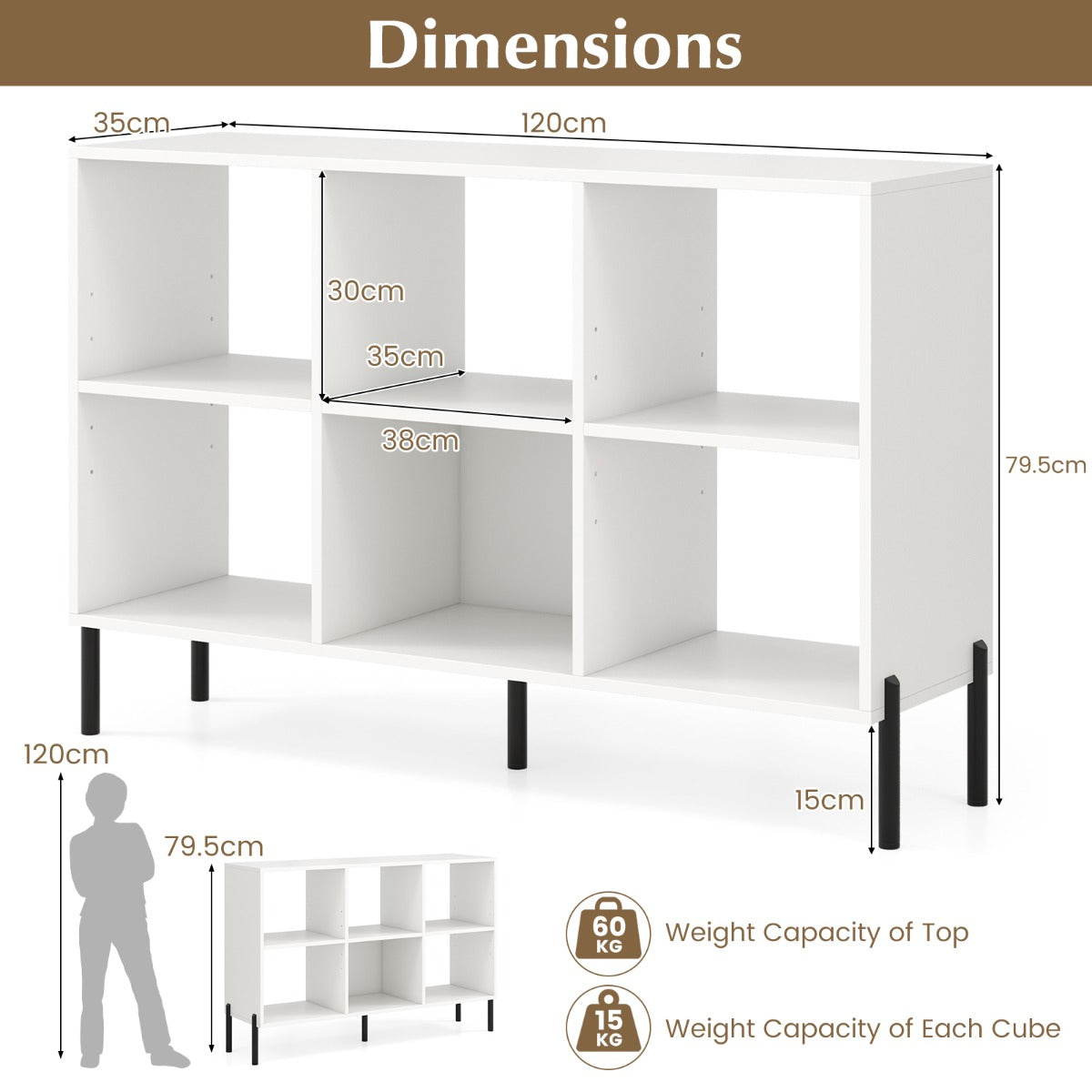 6-Cube Wooden Open Bookshelf with 5 Metal Legs-White