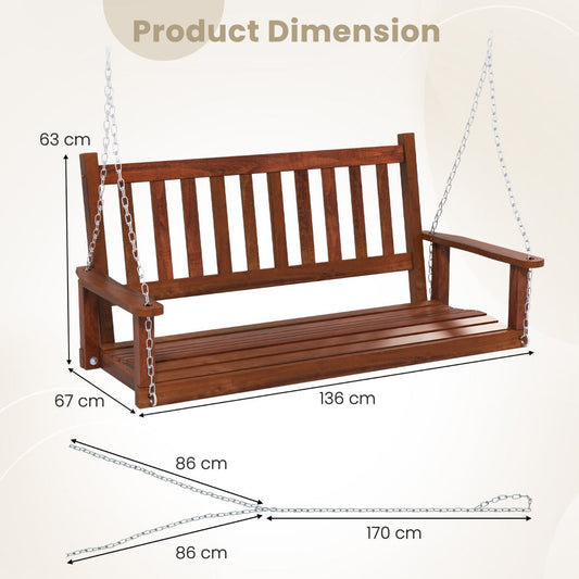 Solid poplar wood porch swing seats two people with a durable 230 kg weight capacity