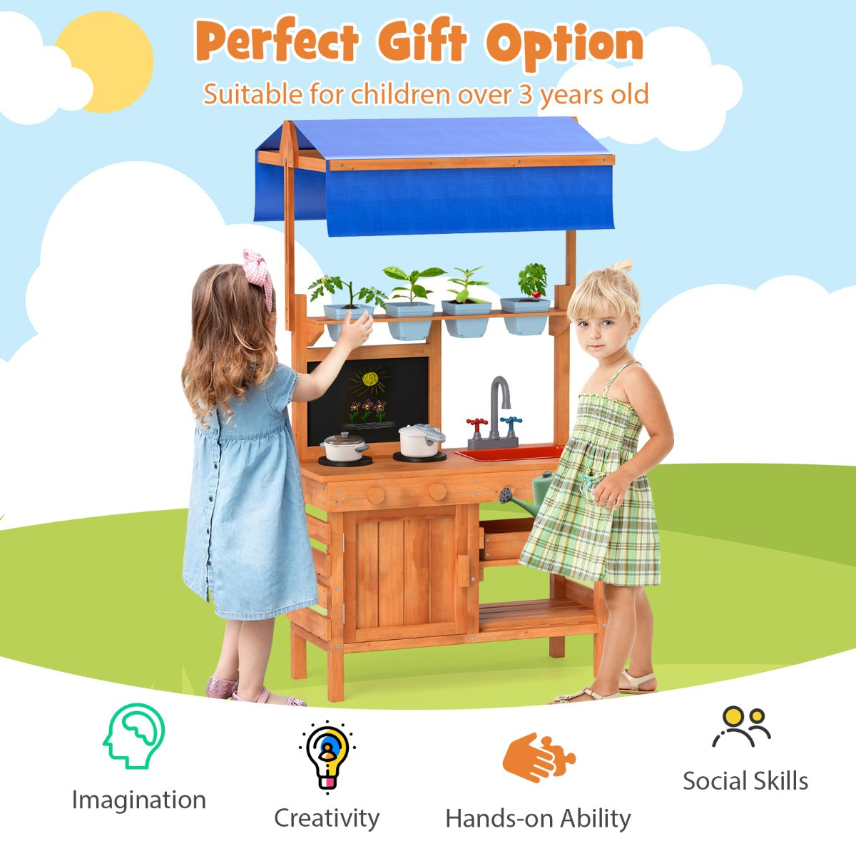 Wooden Pretend Play Kitchen with Height Adjustable Canopy for Kids-Natural