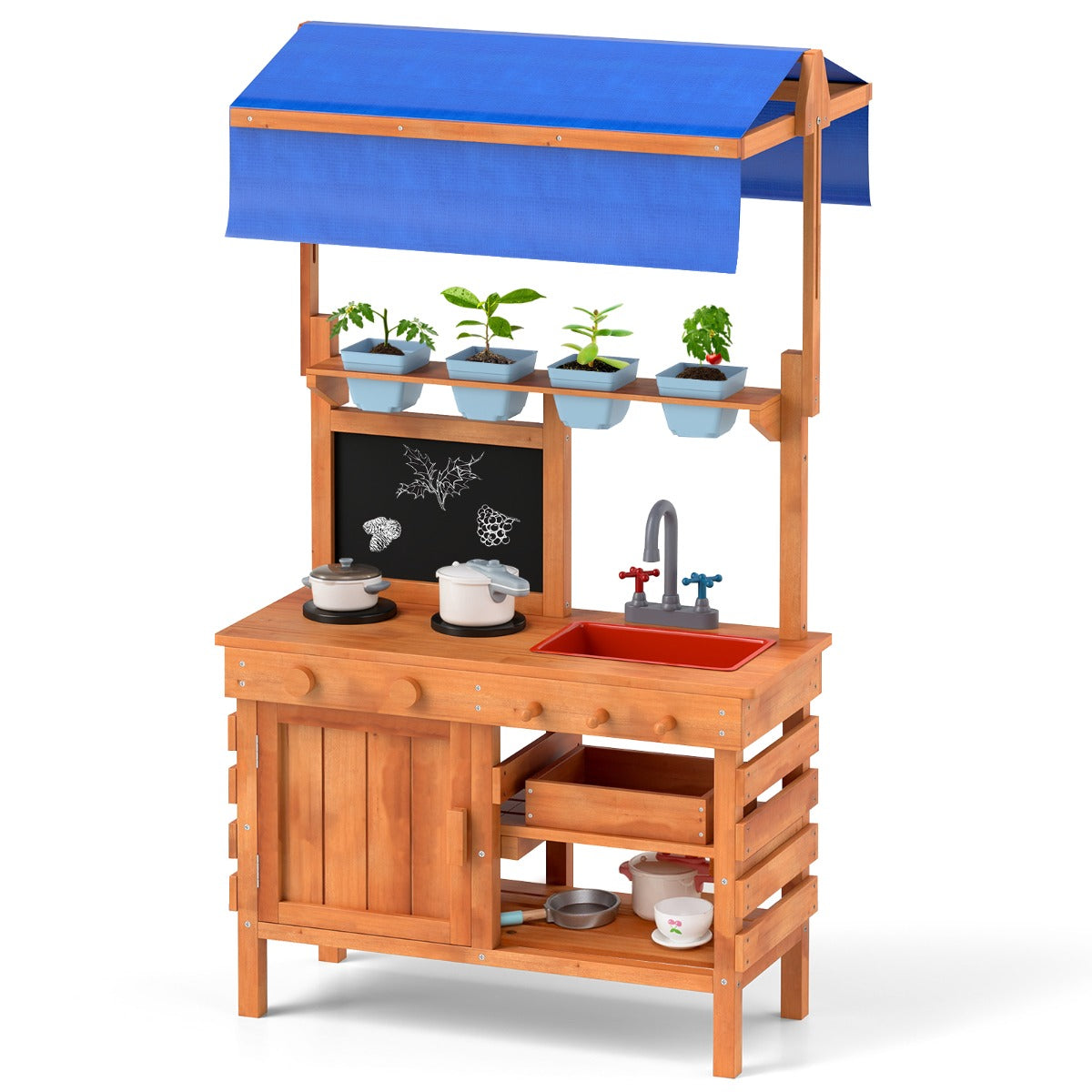 Wooden Pretend Play Kitchen with Height Adjustable Canopy for Kids-Natural