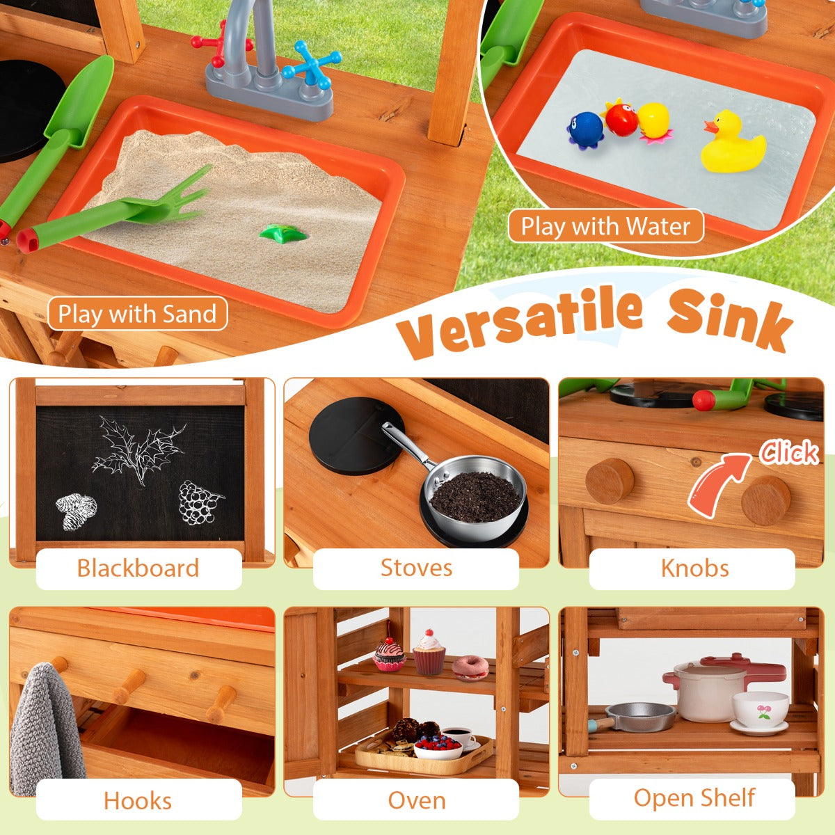 Wooden Pretend Play Kitchen with Height Adjustable Canopy for Kids-Natural