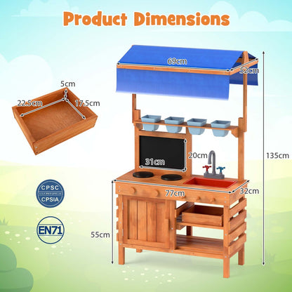 Wooden Pretend Play Kitchen with Height Adjustable Canopy for Kids-Natural