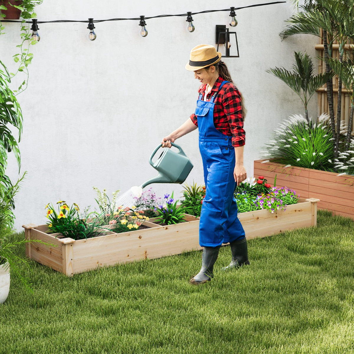 Wooden Raised Garden Bed with 2 Planter Boxes and Dividers-Natural