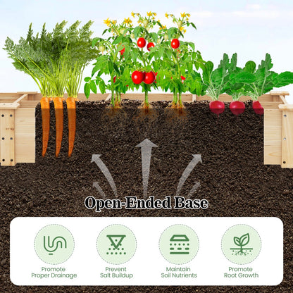 Wooden Raised Garden Bed with 2 Planter Boxes and Dividers-Natural