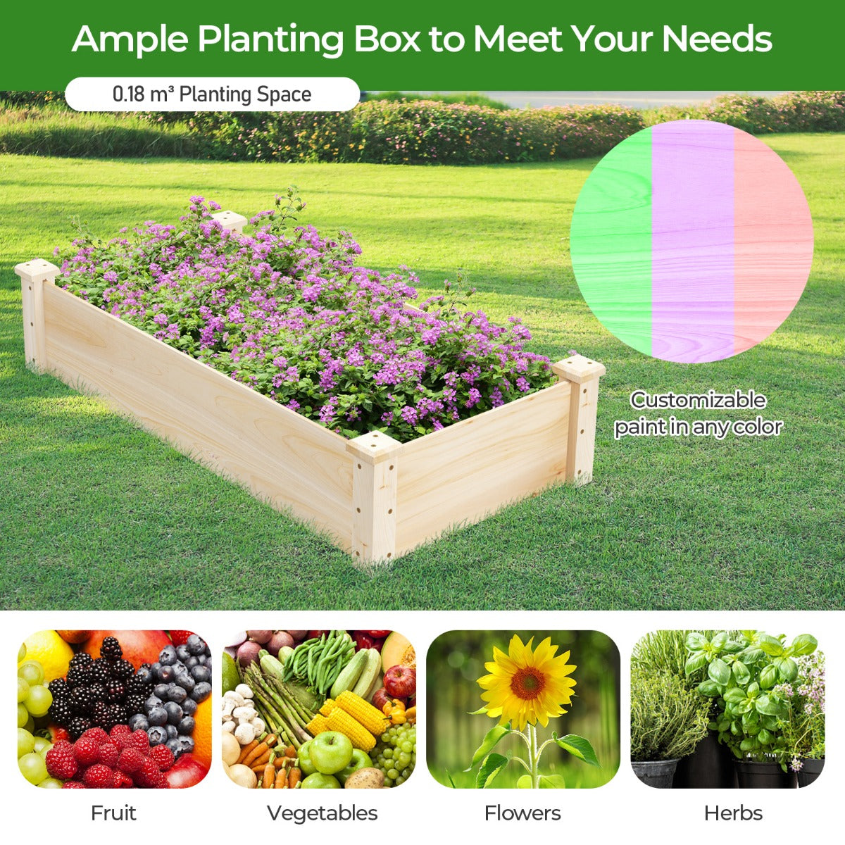 120 x 61 x 25.5 cm Wooden Raised Garden Bed for Vegetables Flowers