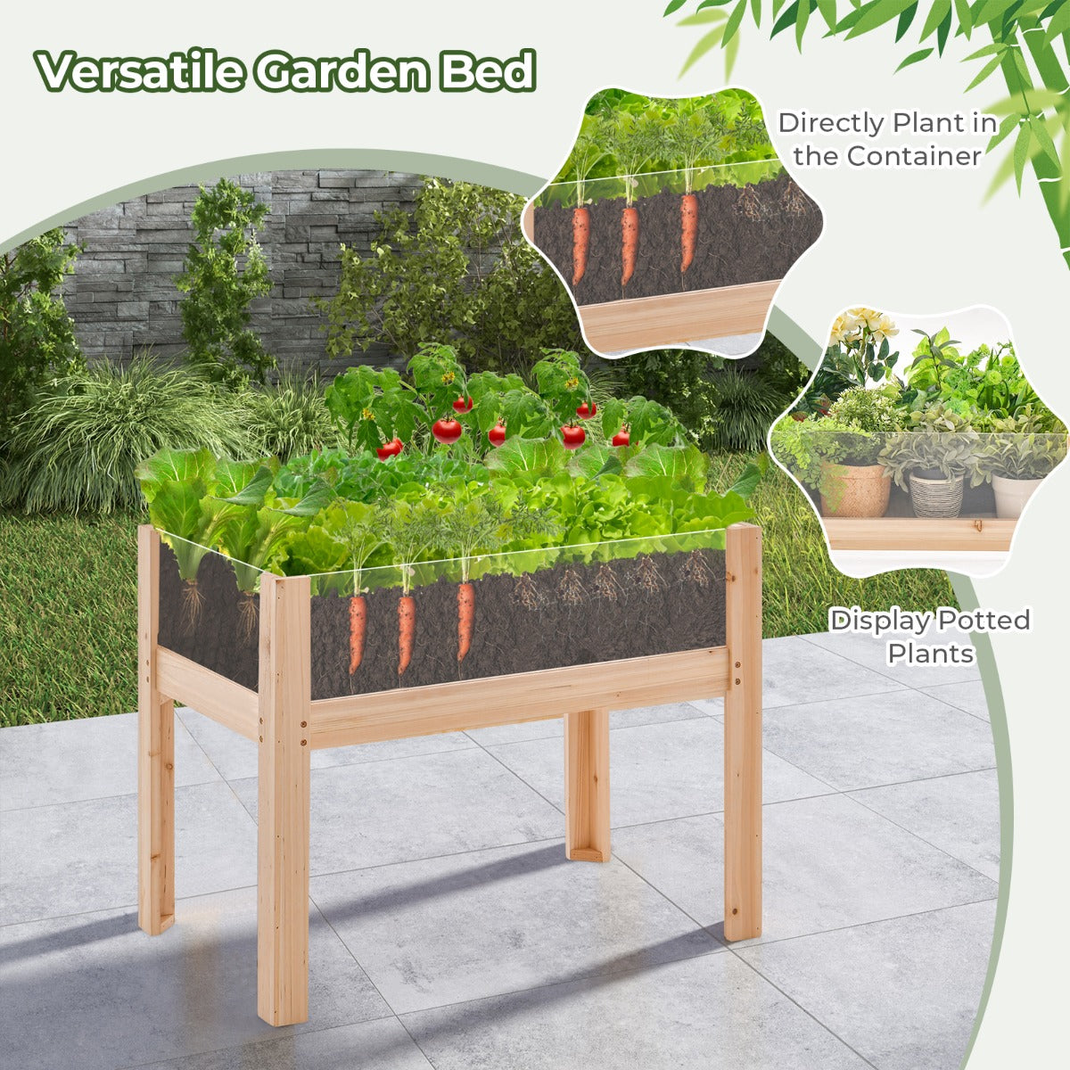 Wooden Raised Garden Bed with Drainage Holes and Acrylic Panels-Natural