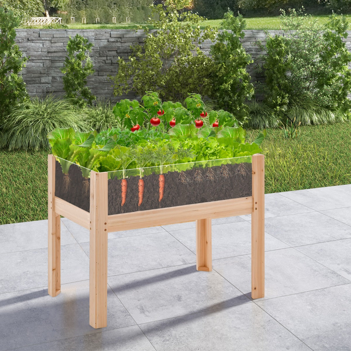 Wooden Raised Garden Bed with Drainage Holes and Acrylic Panels-Natural