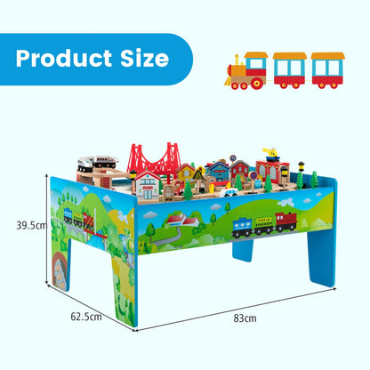 84/80 Pieces Wooden Train Set &amp; Table with Reversible Tabletop-Blue
