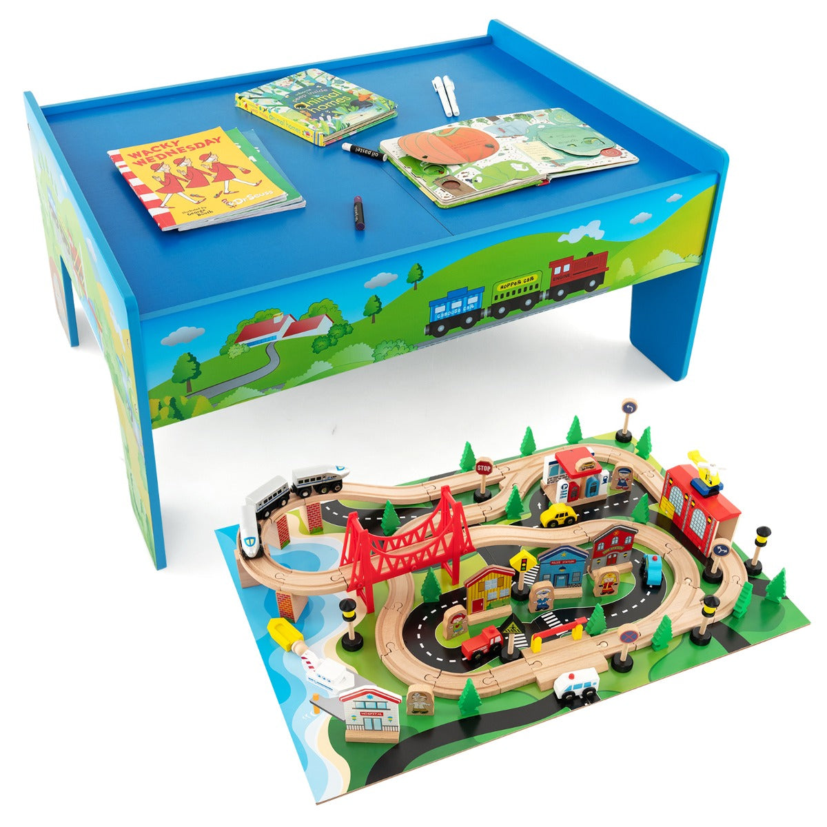 84/80 Pieces Wooden Train Set &amp; Table with Reversible Tabletop-Blue