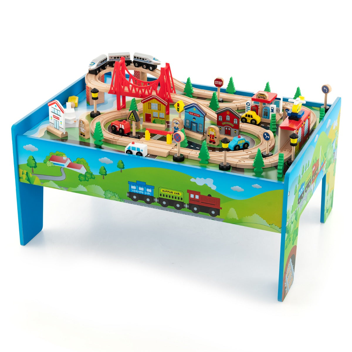 84/80 Pieces Wooden Train Set &amp; Table with Reversible Tabletop-Blue