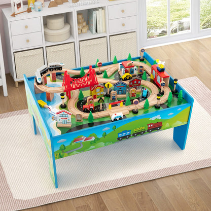 84/80 Pieces Wooden Train Set &amp; Table with Reversible Tabletop-Blue