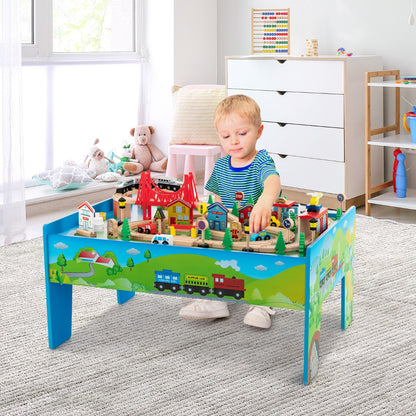84/80 Pieces Wooden Train Set &amp; Table with Reversible Tabletop-Blue
