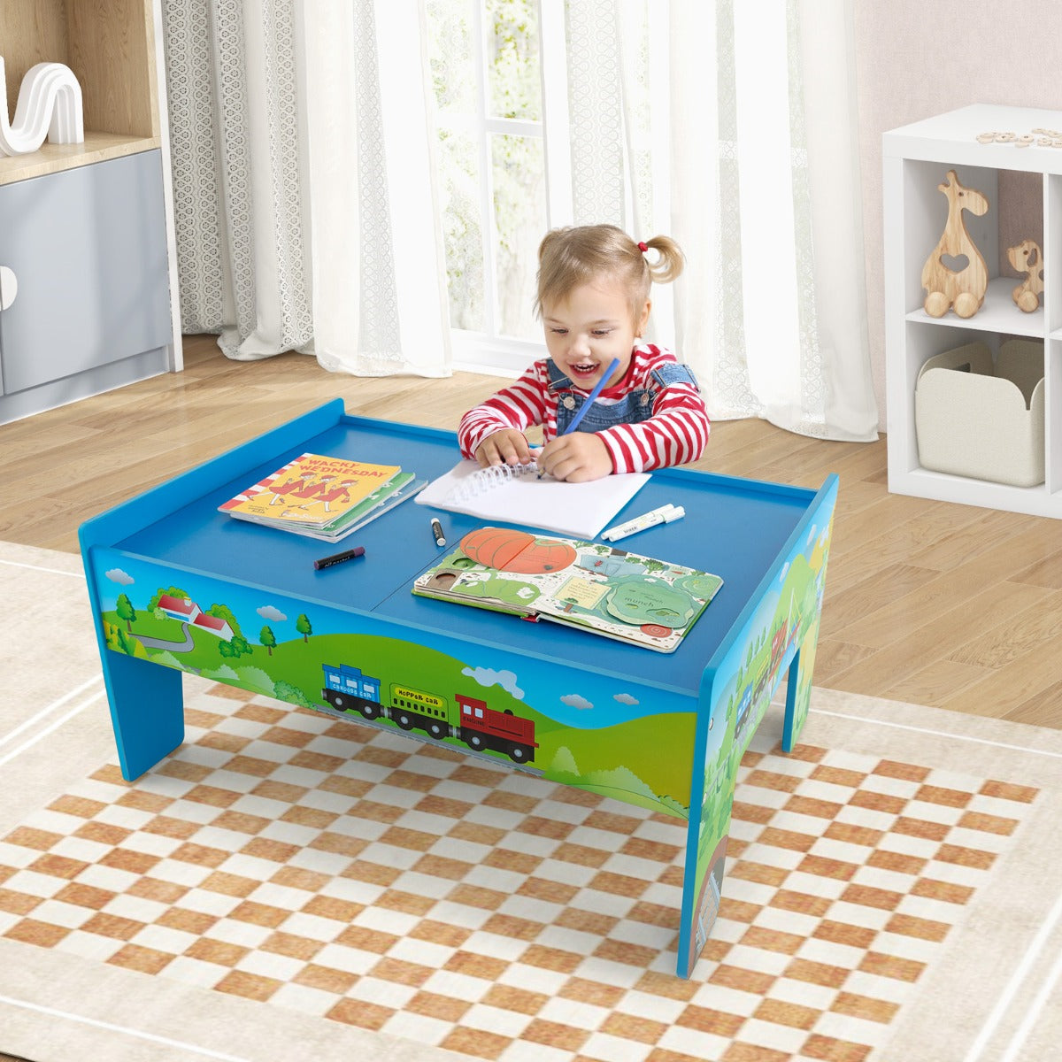 84/80 Pieces Wooden Train Set &amp; Table with Reversible Tabletop-Blue