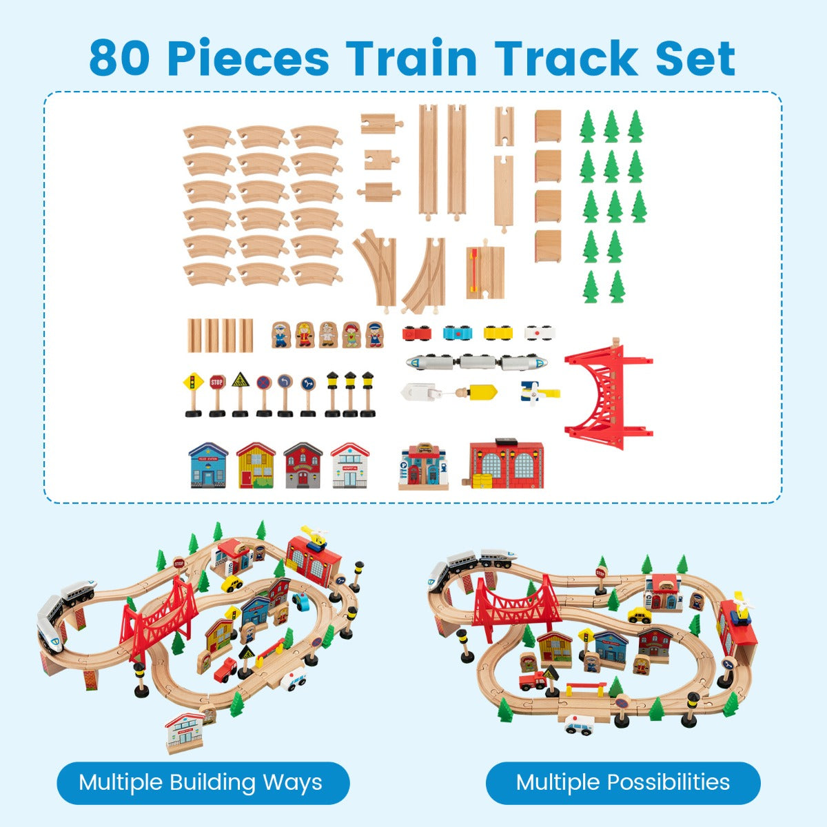 84/80 Pieces Wooden Train Set &amp; Table with Reversible Tabletop-Blue