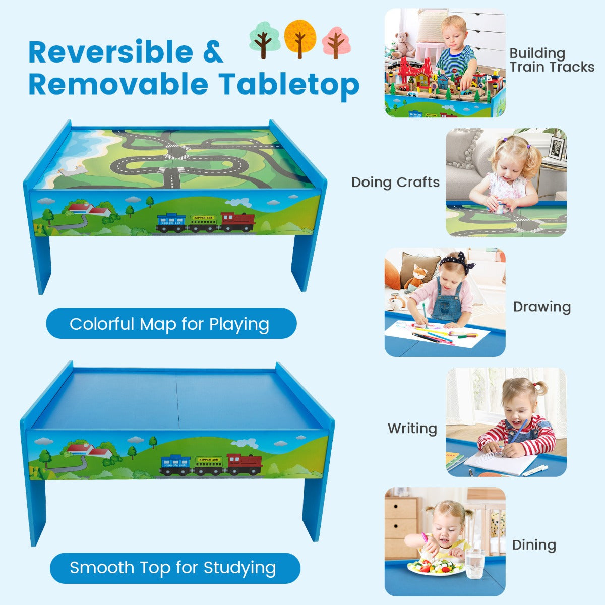 84/80 Pieces Wooden Train Set &amp; Table with Reversible Tabletop-Blue