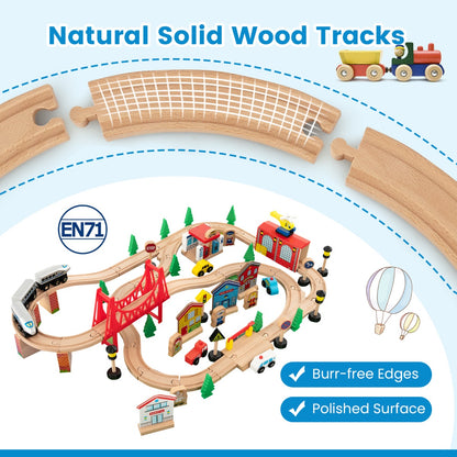 84/80 Pieces Wooden Train Set &amp; Table with Reversible Tabletop-Blue